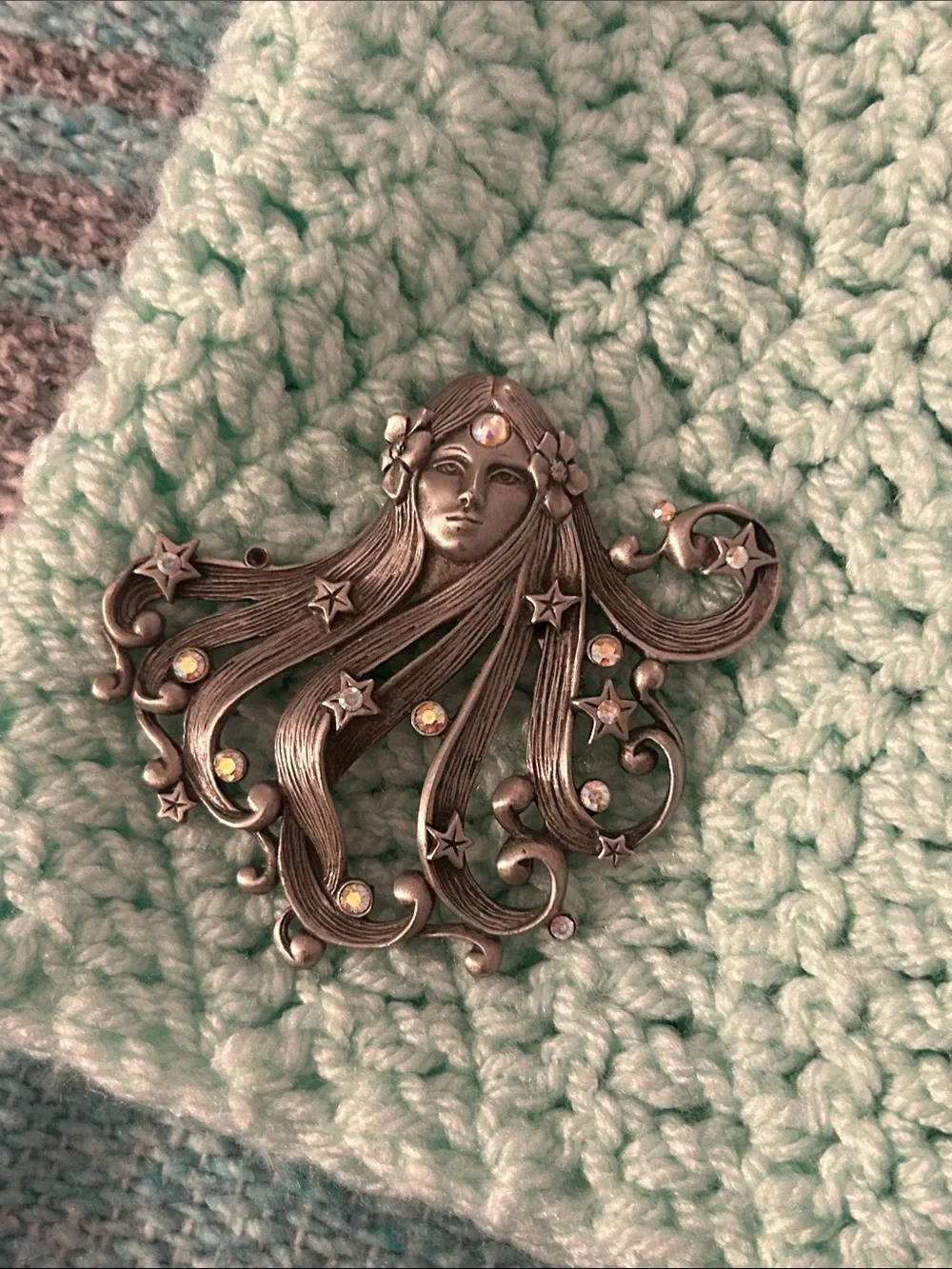 Vintage Signed JJ Pewter AB Rhinestone Boho Art Nouveau Brooch
